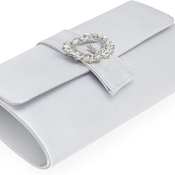 Evening Satin Clutch Purse with Embellished Brooch for Women Party Handbag - Picture 4 of 6
